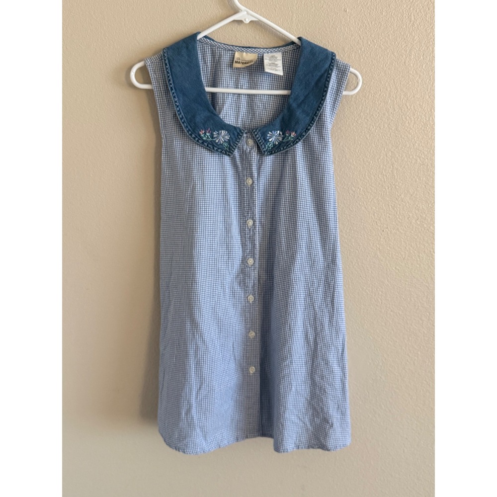 Announcements Maternity Blue Gingham Sleeveless Top Denim Floral Collar Large